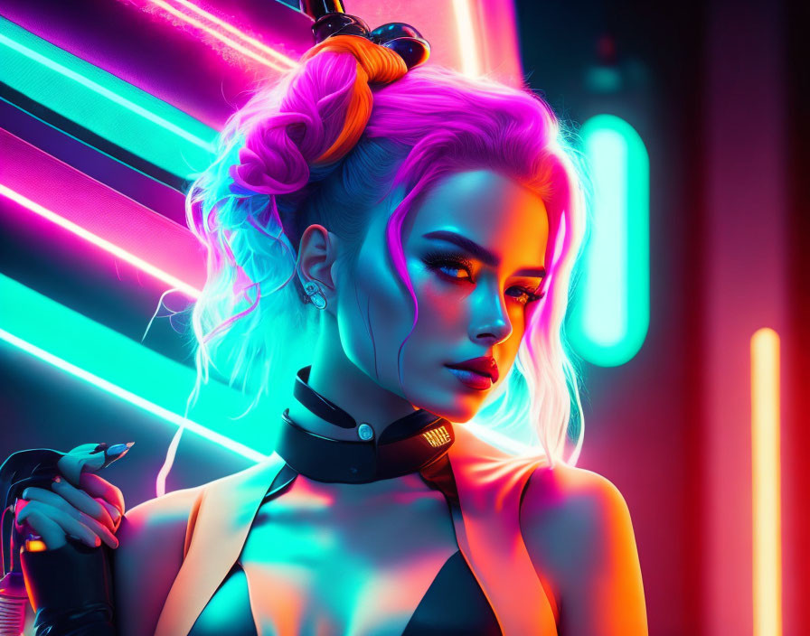 Vibrant neon lighting with woman in cyberpunk ambiance