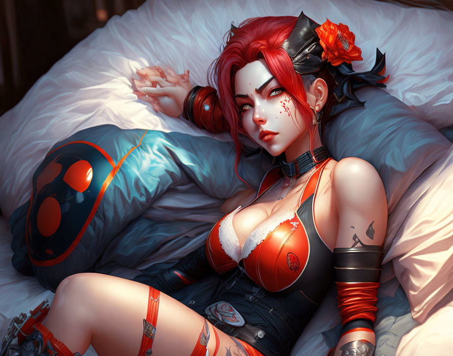 Illustration of woman with red hair and tattoos in futuristic attire on bed.