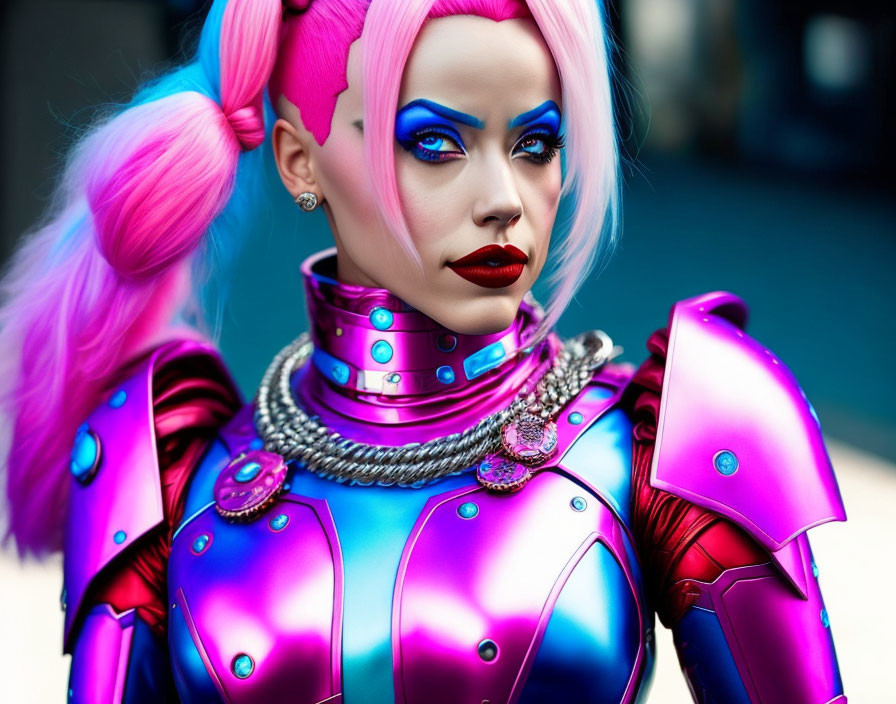 Vibrant futuristic costume with metallic blue and pink armor