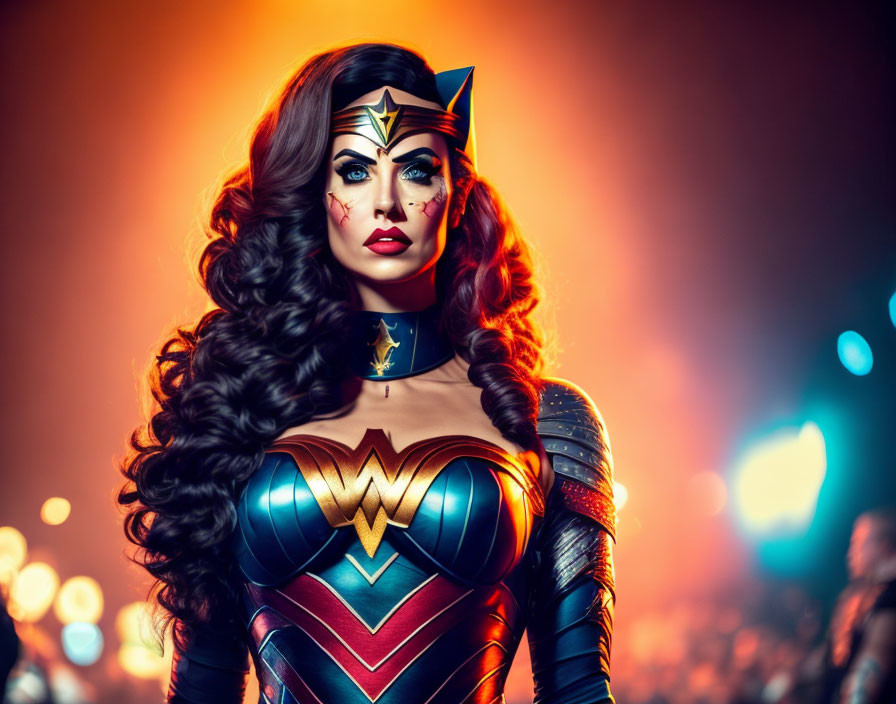 Elaborate Wonder Woman costume with detailed armor on confident woman