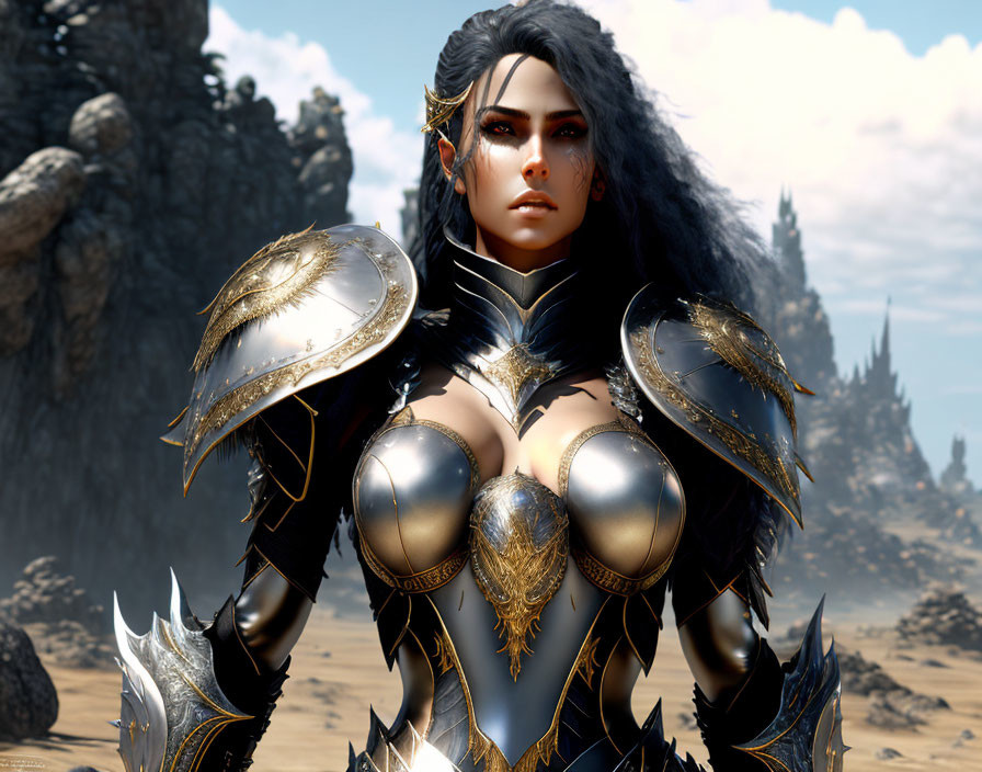 Female warrior in ornate gilded armor against desert backdrop