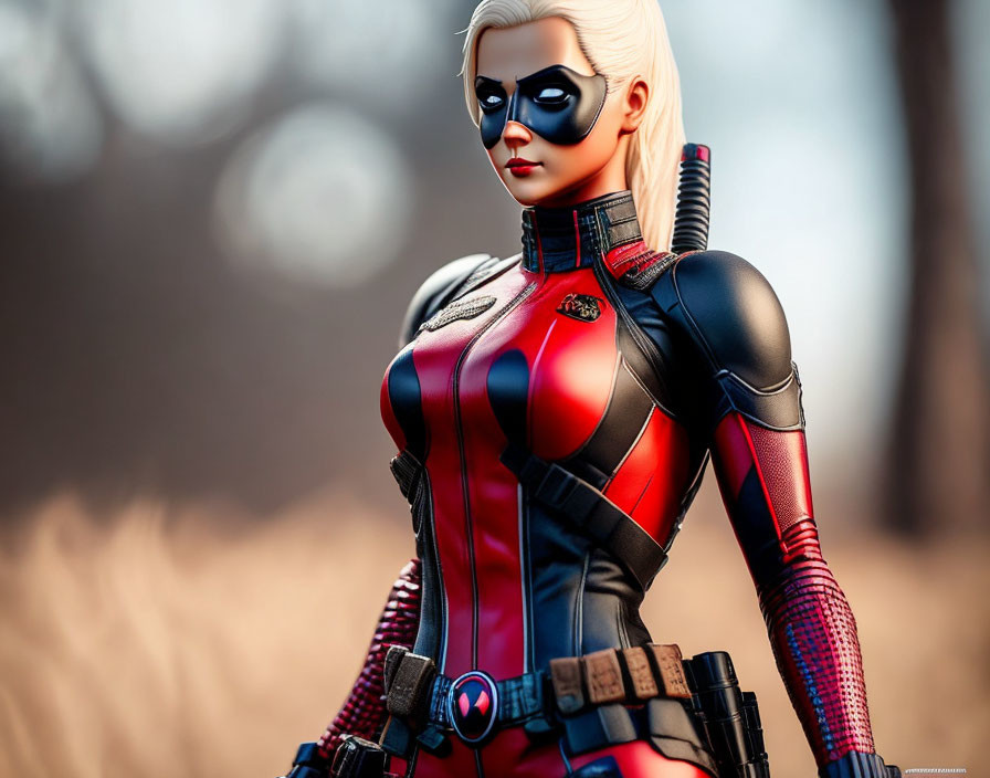 Female superhero in black and red suit with blonde hair and mask on blurred background