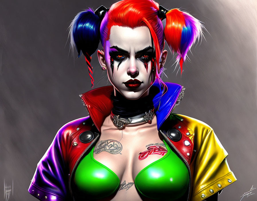 Colorful Illustration of Woman with Red and Blue Pigtails and Dramatic Makeup wearing Vibrant