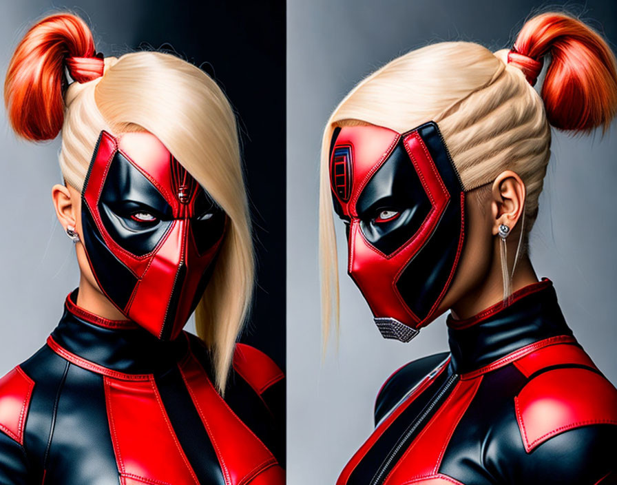 Split image of person with natural face and blonde hair, alongside superhero mask.