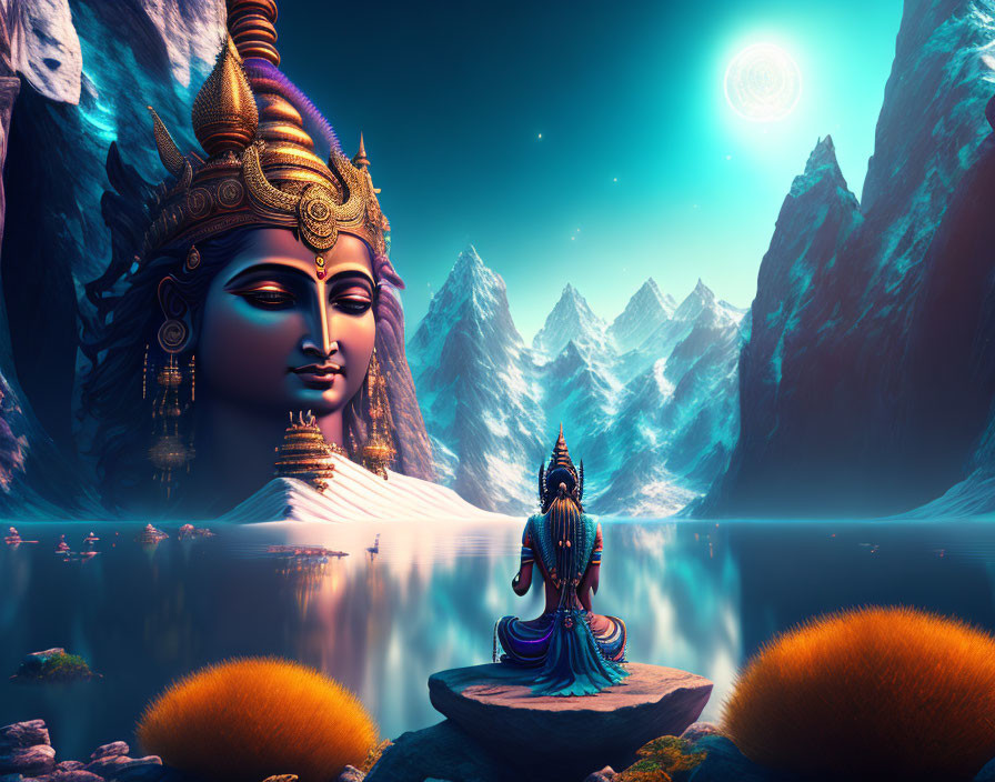 Blue deity meditating by mountain lake with detailed crown in serene illustration