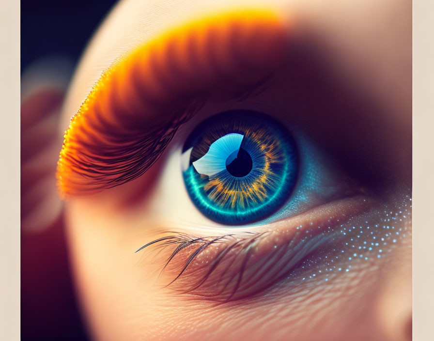 Detailed close-up of vibrant blue human eye with long eyelashes.