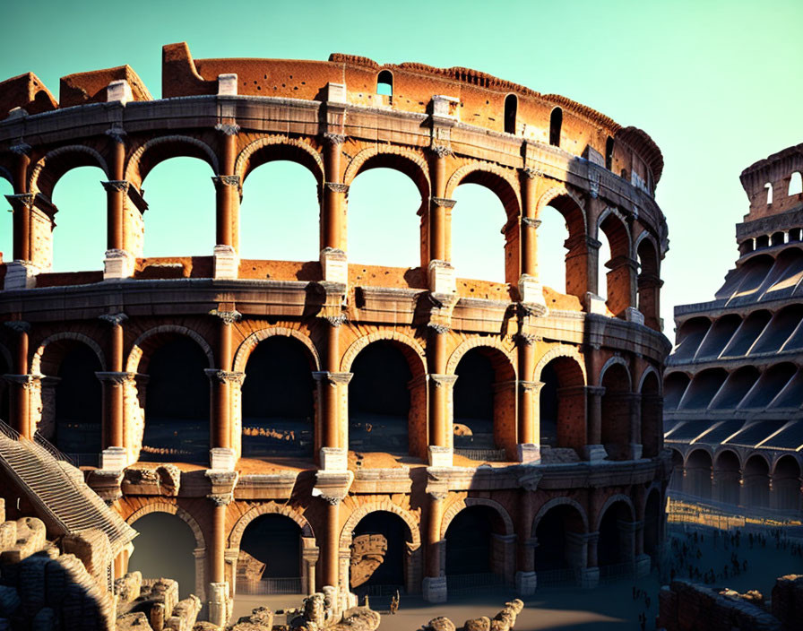 Ancient Roman architecture: Sunlit Colosseum ruins with elliptical archways