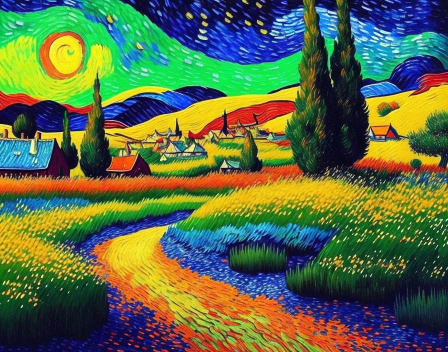 Colorful interpretation of starry night over small village with swirling skies