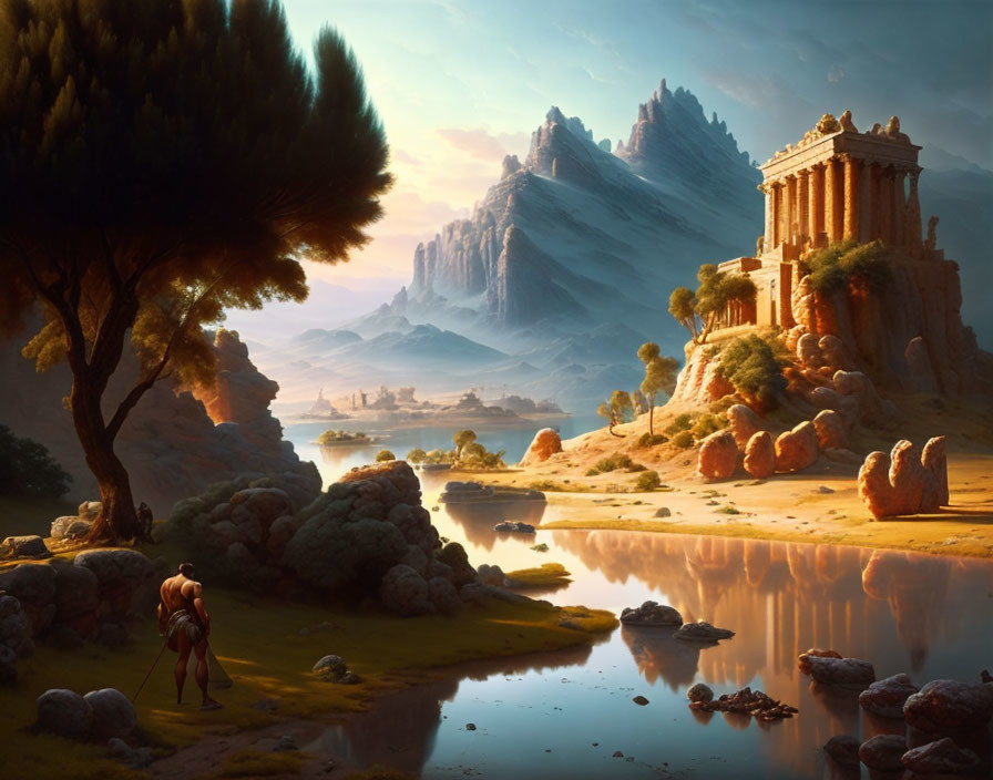 Traveler with spear near serene lake and ancient temple in tranquil landscape.