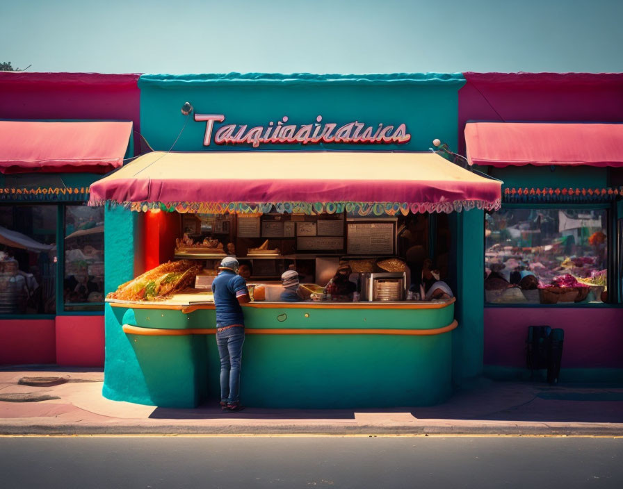 Turquoise Taqueria Stand with Customer and Menu under Pink Sky