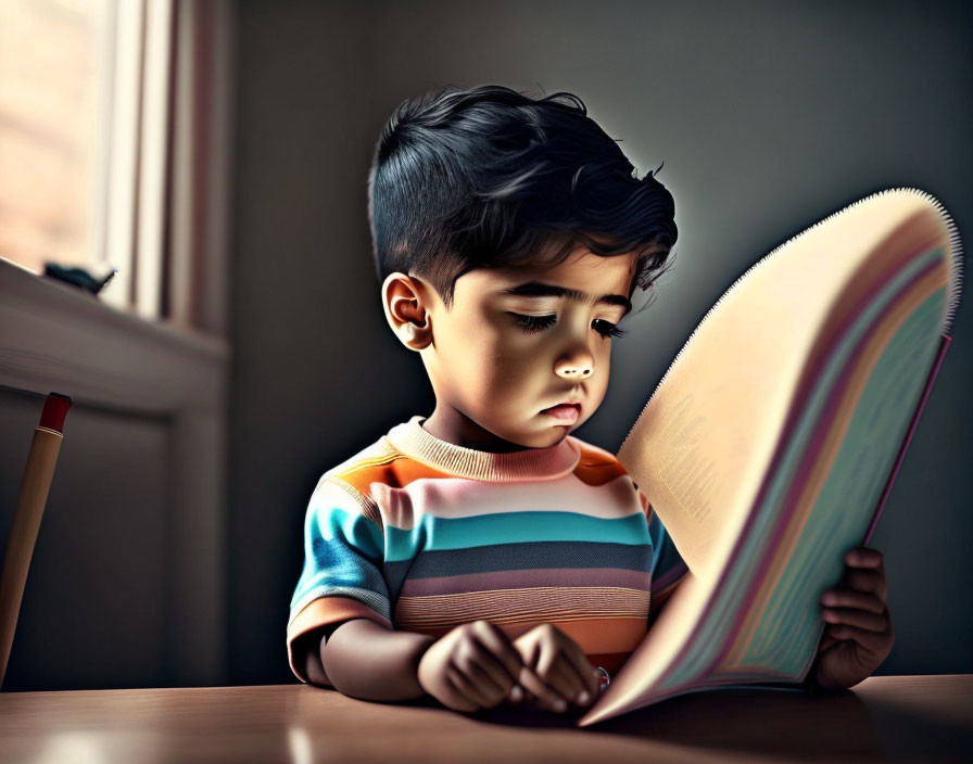 Child Reading Big Book in Sunlight