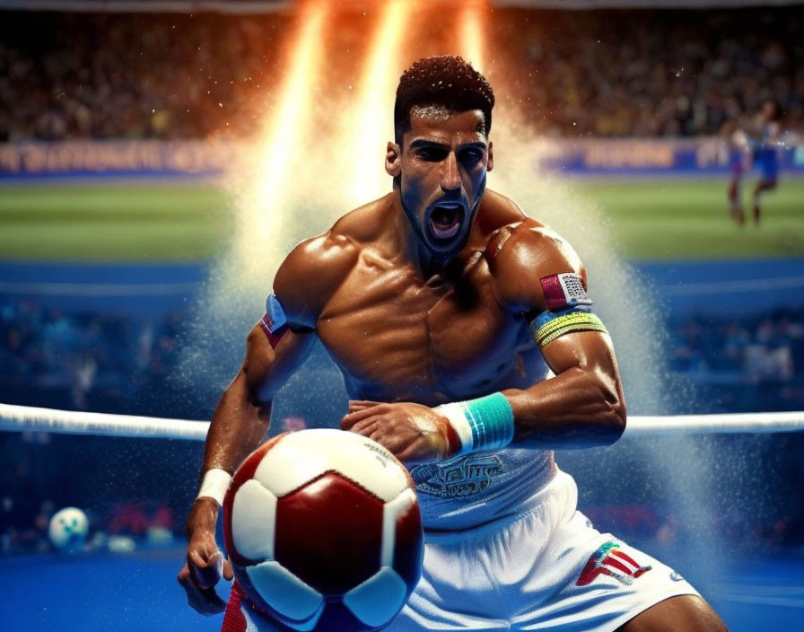 Muscular soccer player striking ball with intense focus amidst spark effects