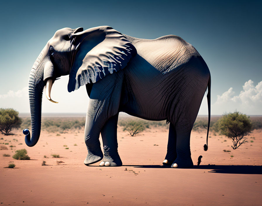 Enormous Elephant Towering Over Tiny Human in Desert Landscape