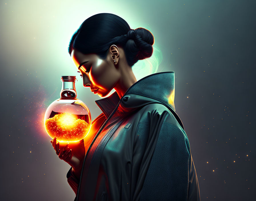 Profile of woman holding glowing star-like flask on dark starry background