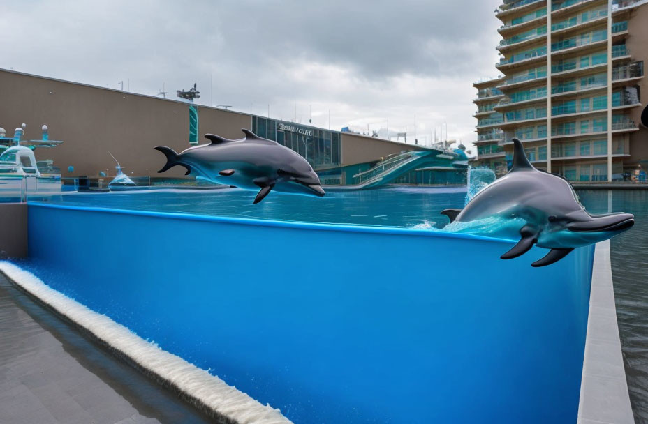 Two leaping dolphins in outdoor pool with buildings.