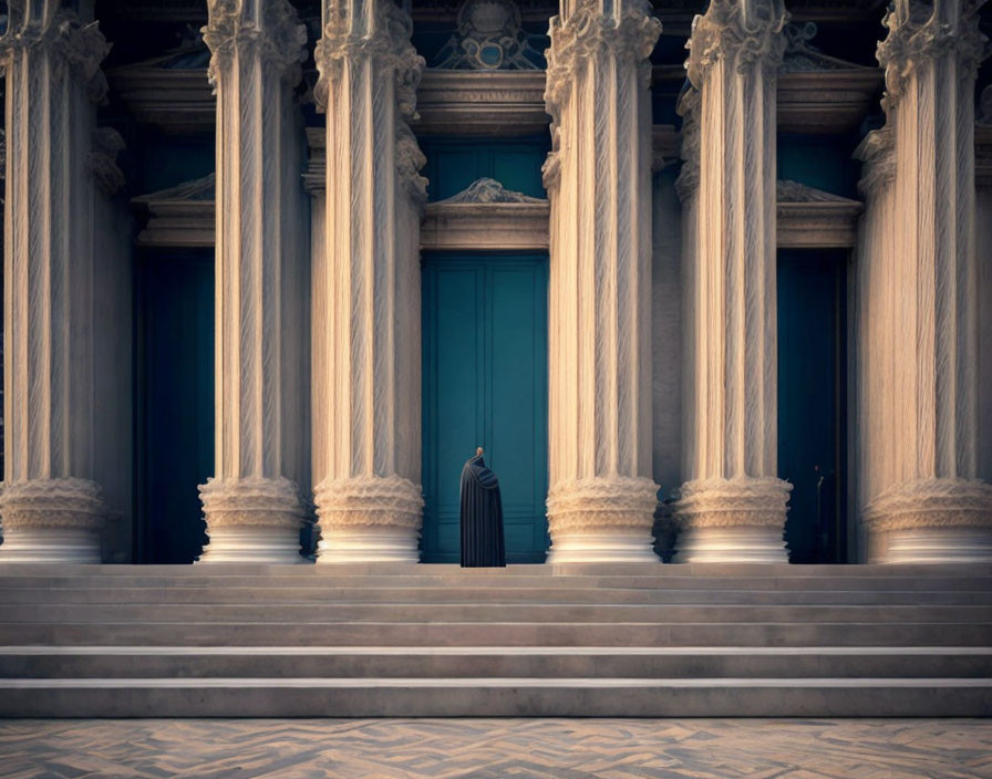 Cloaked figure in front of grand building with teal door