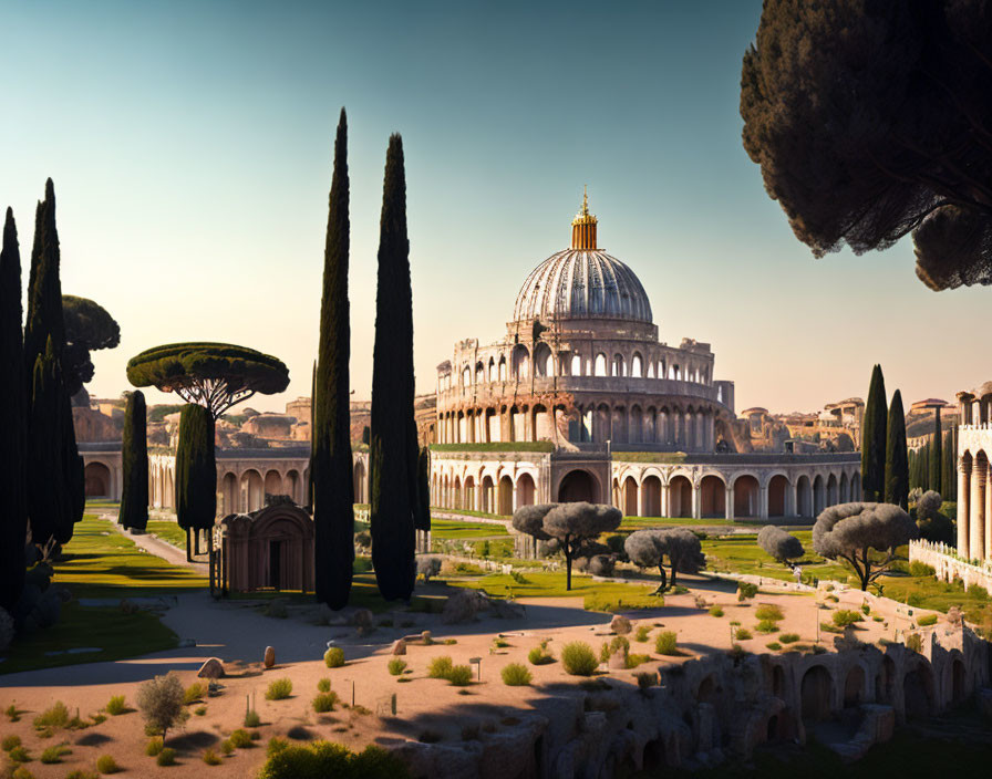 Classical courtyard with cypress trees, dome, arcades, and garden