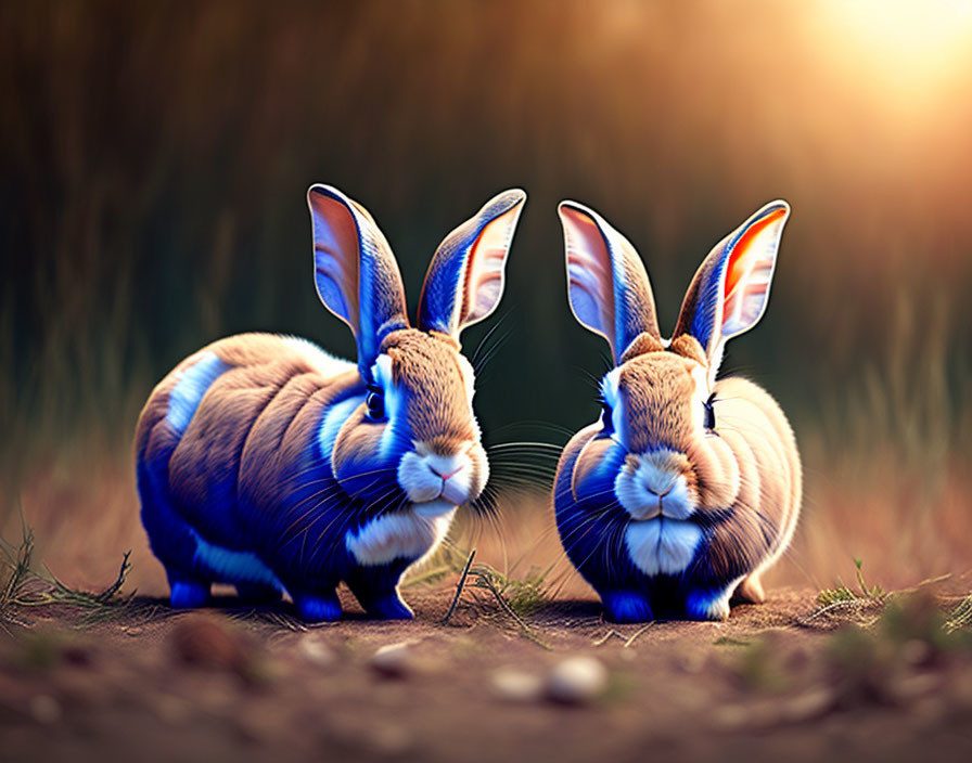 Exaggerated human-like facial expressions on two rabbits in natural setting