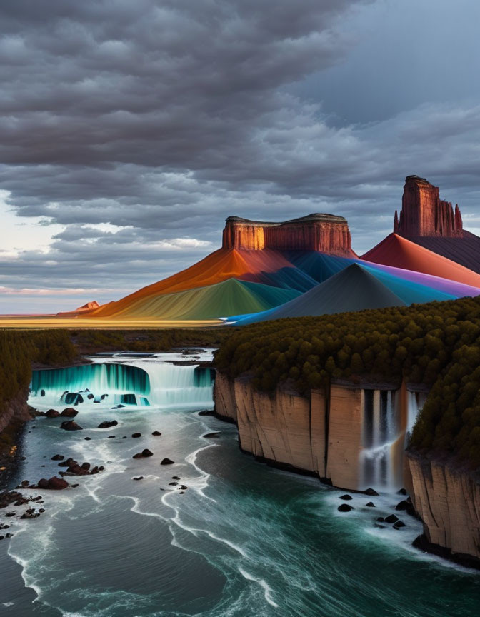 Digitally altered photo: Colorful surreal mountains under dramatic sky