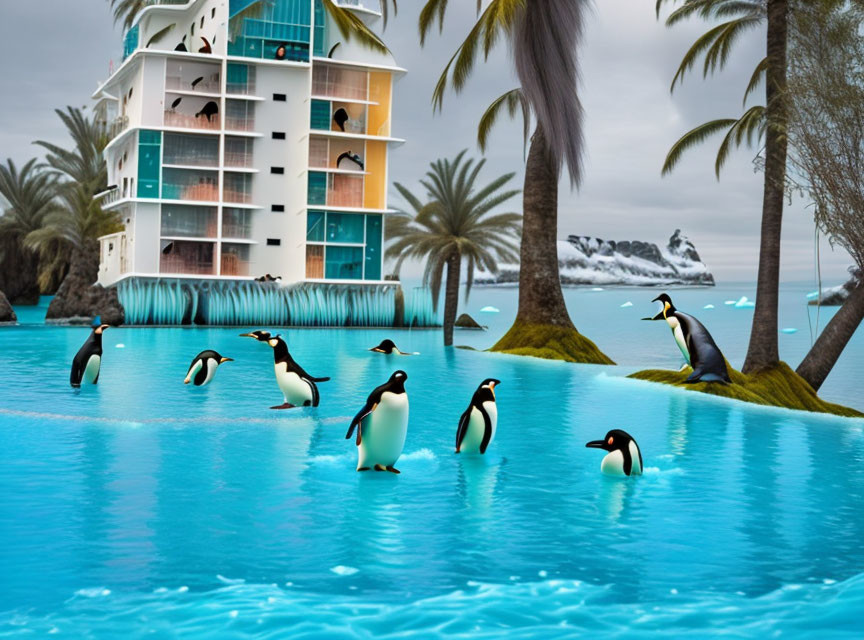 Penguins in surreal tropical setting with iceberg, palm trees, and submerged building