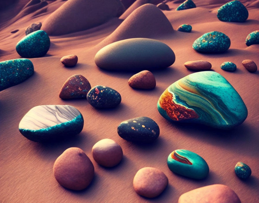 Vibrant gemstones on sandy desert backdrop