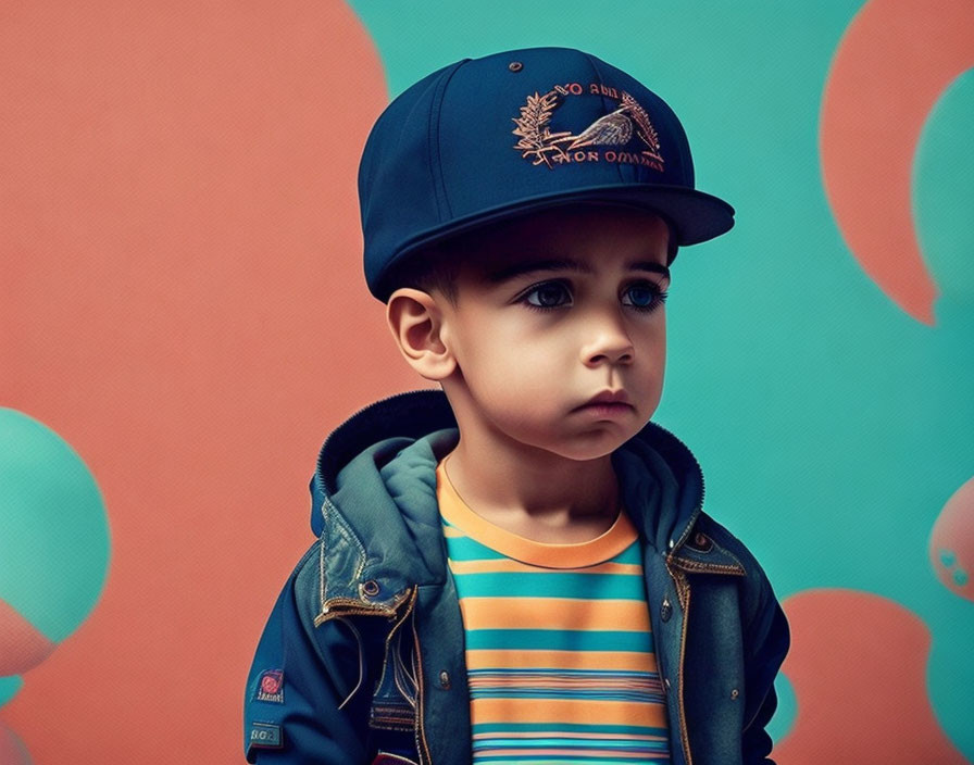 Child in Blue Cap and Striped Shirt Against Colorful Abstract Background