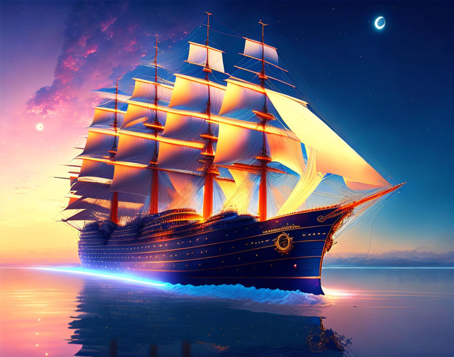 Digital artwork: Large sailing ship with unfurled sails on calm waters at sunset with crescent moon