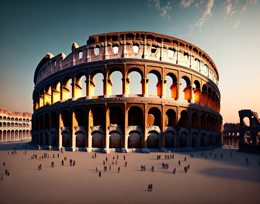 Ancient Colosseum in Rome with visitors at sunset