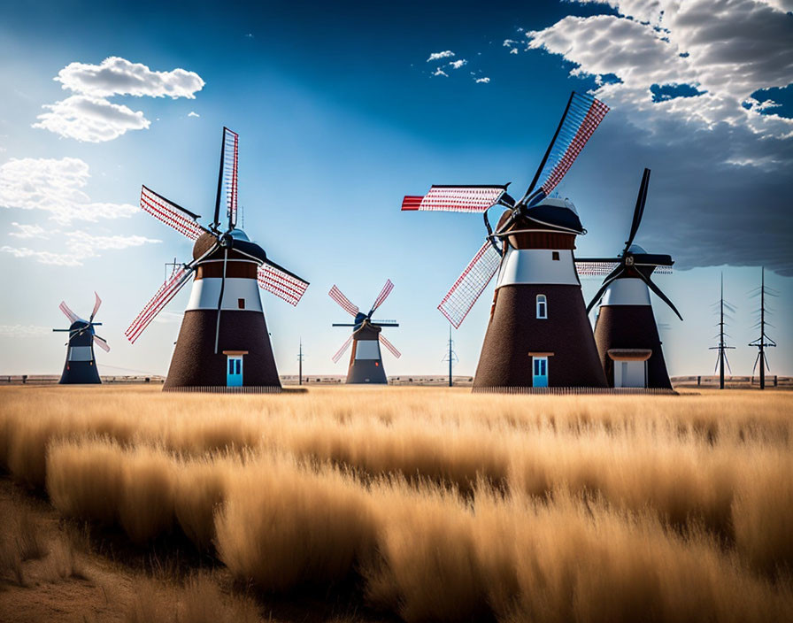 Scenic view of traditional windmills in golden field under blue sky