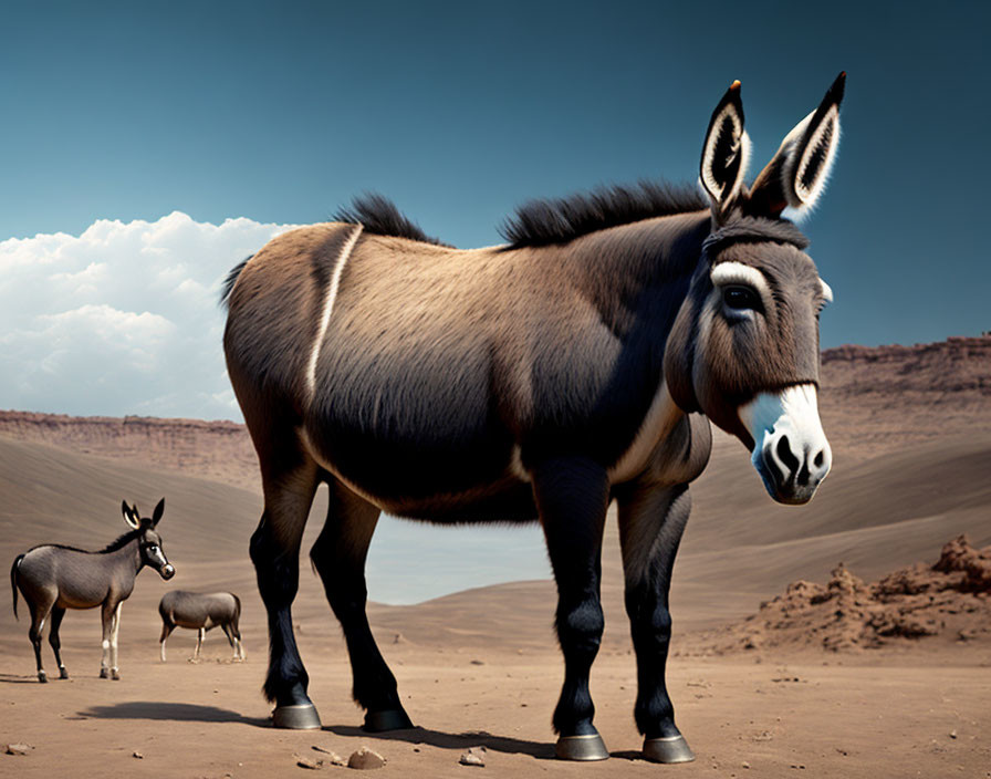 Cartoonish donkey with large ears in desert landscape