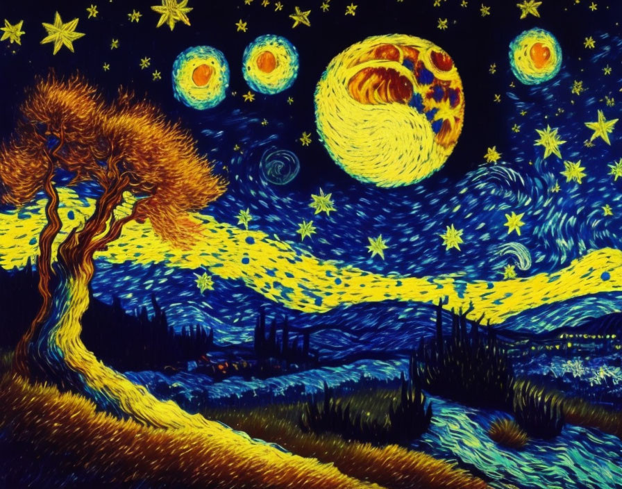 Colorful night sky painting with stars, planets, moon, and tree on yellow pathway