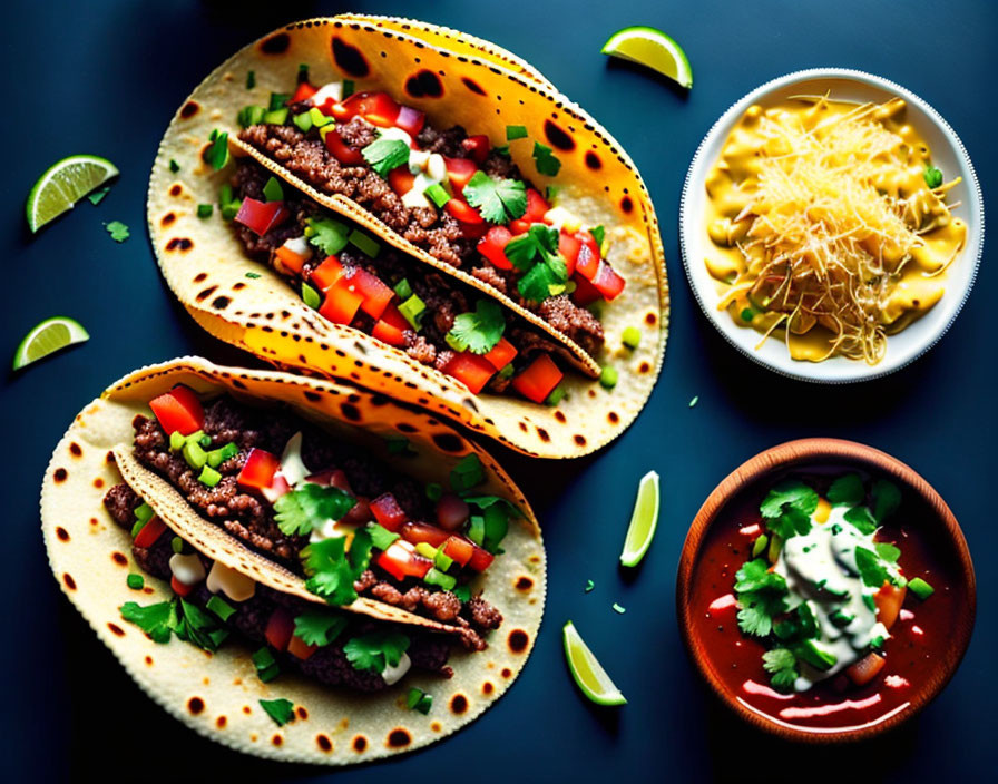 Beef Tacos with Fresh Toppings, Cheese Soup, and Spicy Sauce on Dark Surface