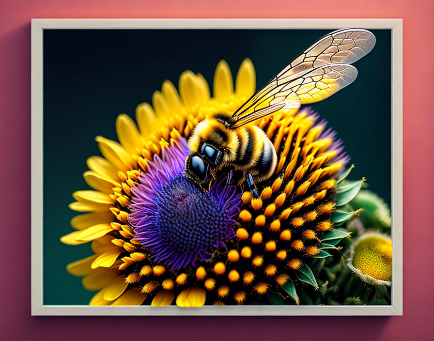 Bee on vibrant echinacea flower with translucent wings on red background