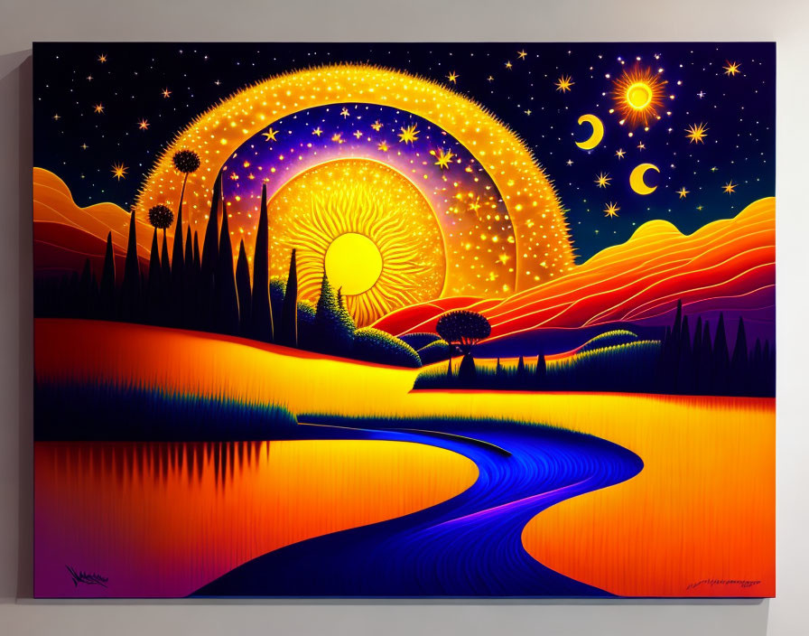 Surrealist landscape with starry sky, sun, moons, hills, river, and vegetation