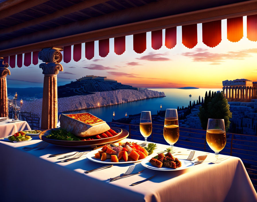 Coastal sunset dinner with Mediterranean cuisine and ancient ruins view