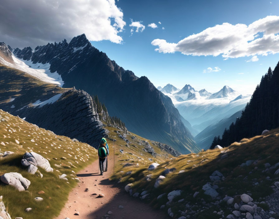 Hiker with large backpack on mountain trail under blue sky