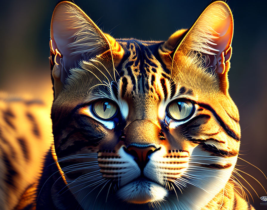 Digital artwork featuring majestic feline with tiger-like stripes and blue eyes on warm background