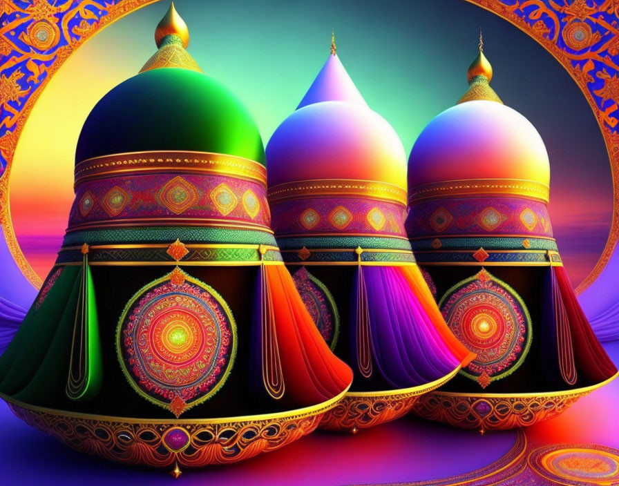 Colorful digital art: stylized domes in purple, green, and orange against sunset sky