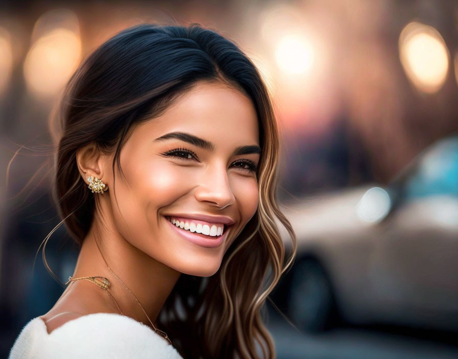 Smiling woman with medium-length hair in off-the-shoulder attire against urban backdrop