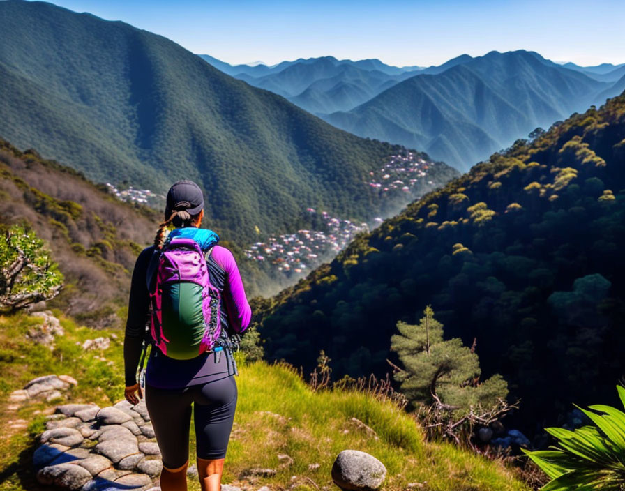 Hiker overlooking lush green valley with village from hilltop