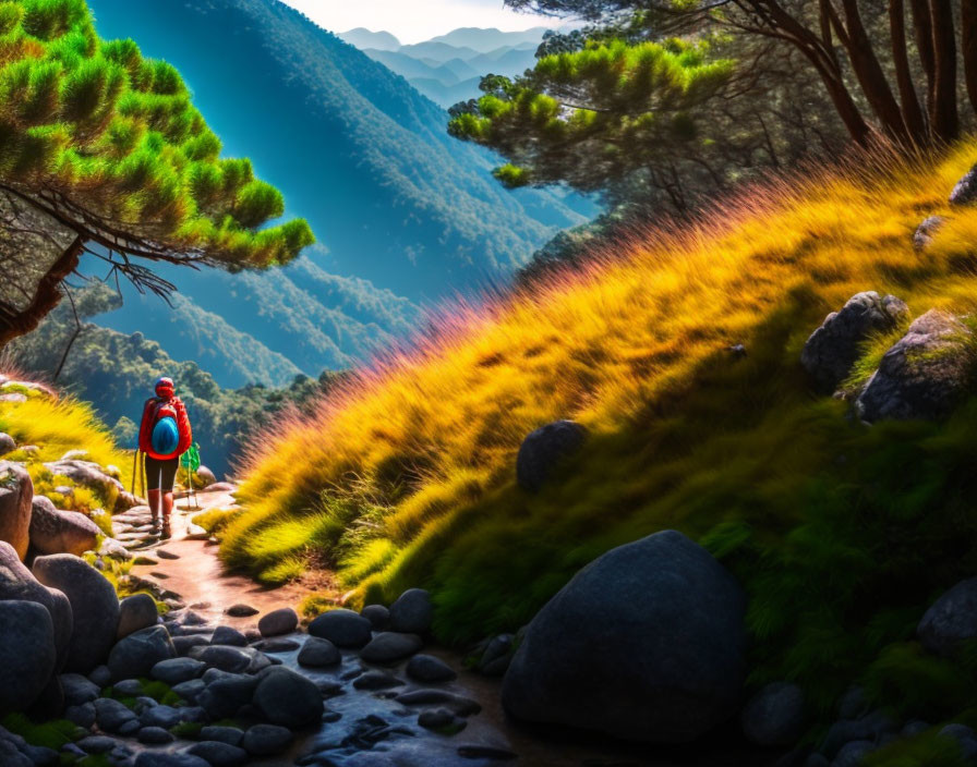 Hiker with red backpack on stone path in vibrant forest landscape