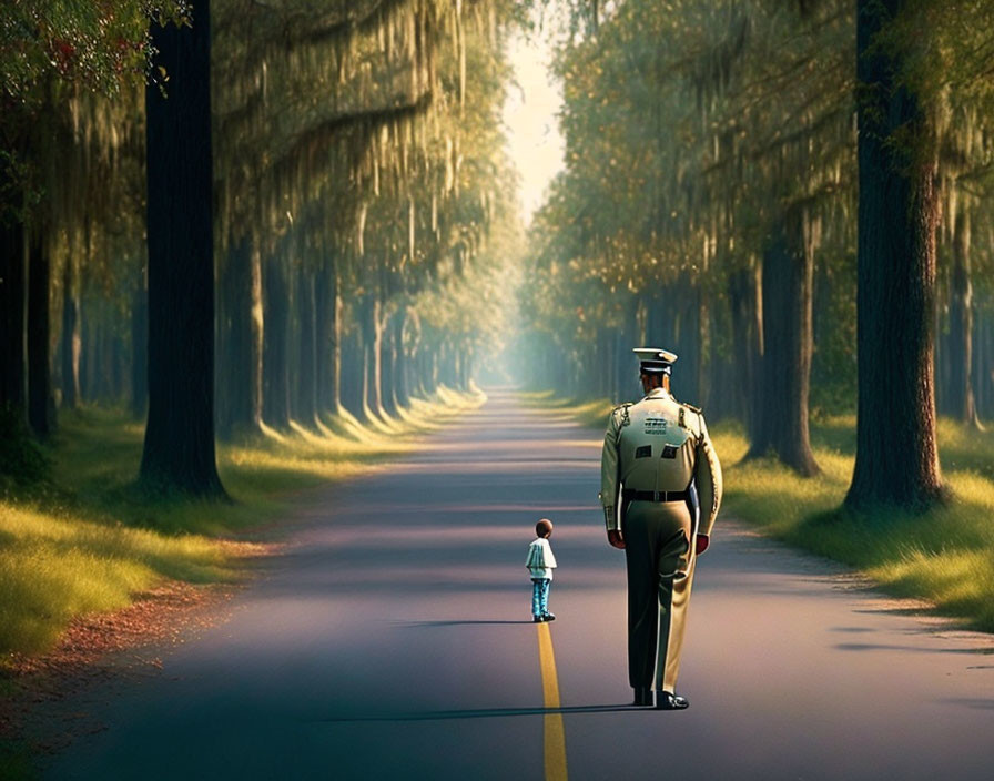 Uniformed Officer and Child on Tree-Lined Road Displaying Protection and Guidance