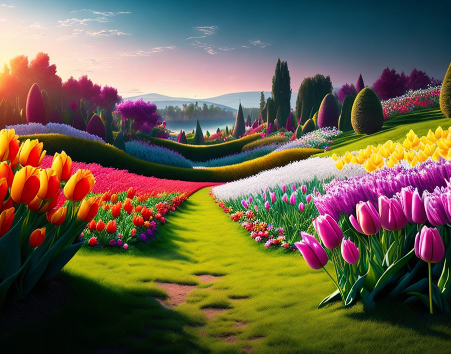 Vibrant flowerbeds with tulips and winding path at sunset