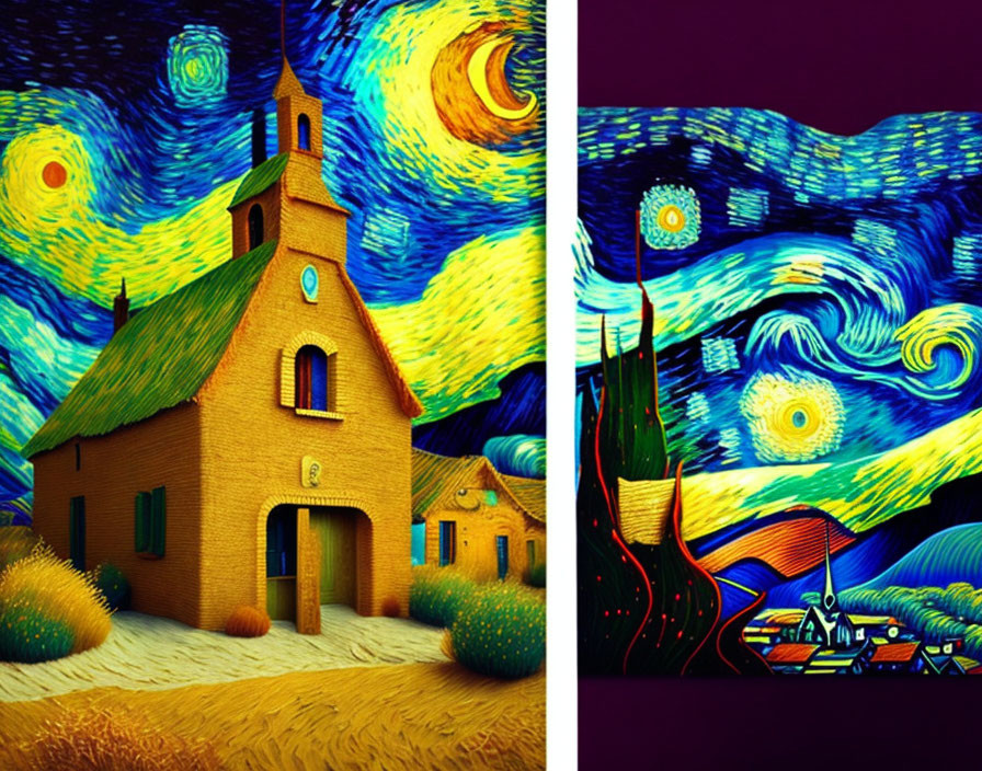 Colorful diptych with yellow church and swirling night sky.