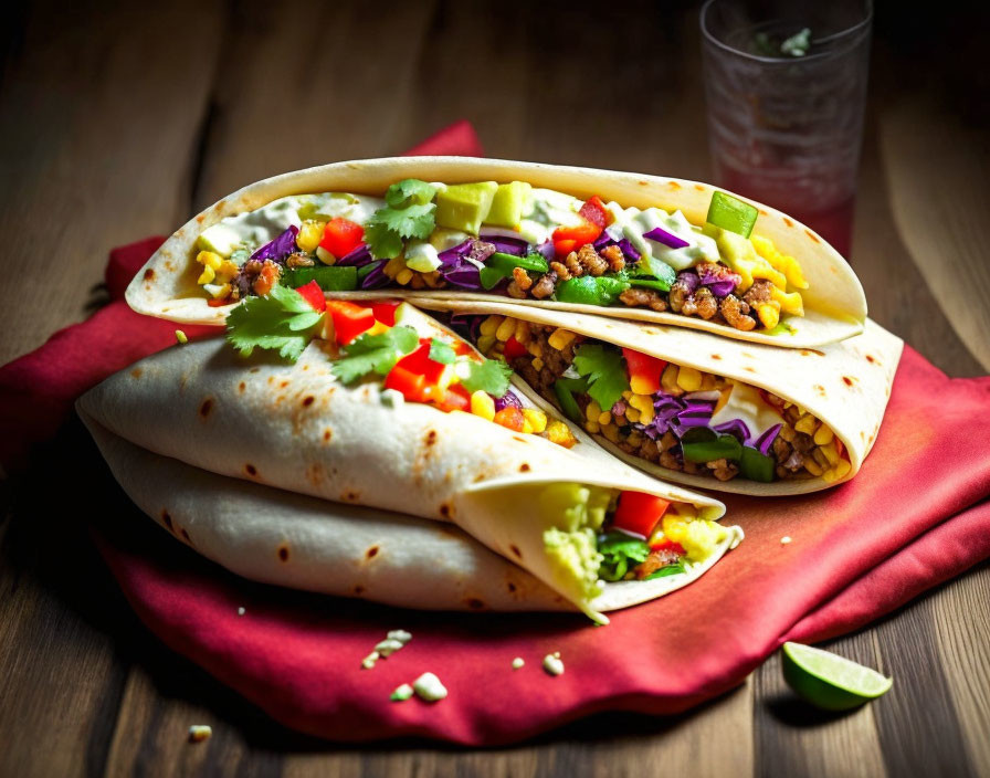 Stuffed tacos with meat, rice, avocado, and vegetables on red cloth with lime.