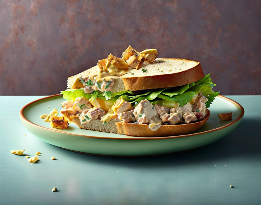 Chicken Salad Sandwich on Circular Plate with Almond Slivers and Teal Background