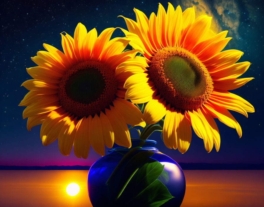 Vibrant sunflowers in blue vase under starry night sky with galaxy and sunset horizon