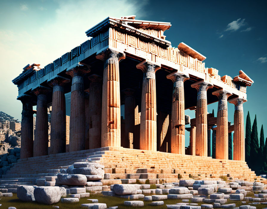 Ancient Greek temple with Doric columns under clear blue sky.