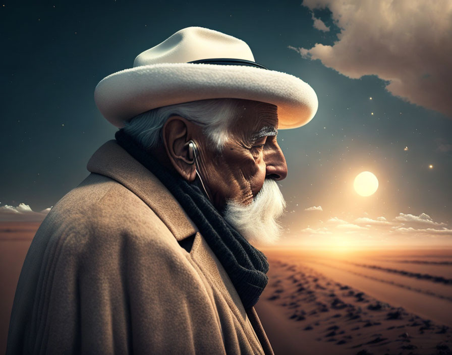 Elderly man with white beard in hat and coat gazes at sunset in desert landscape