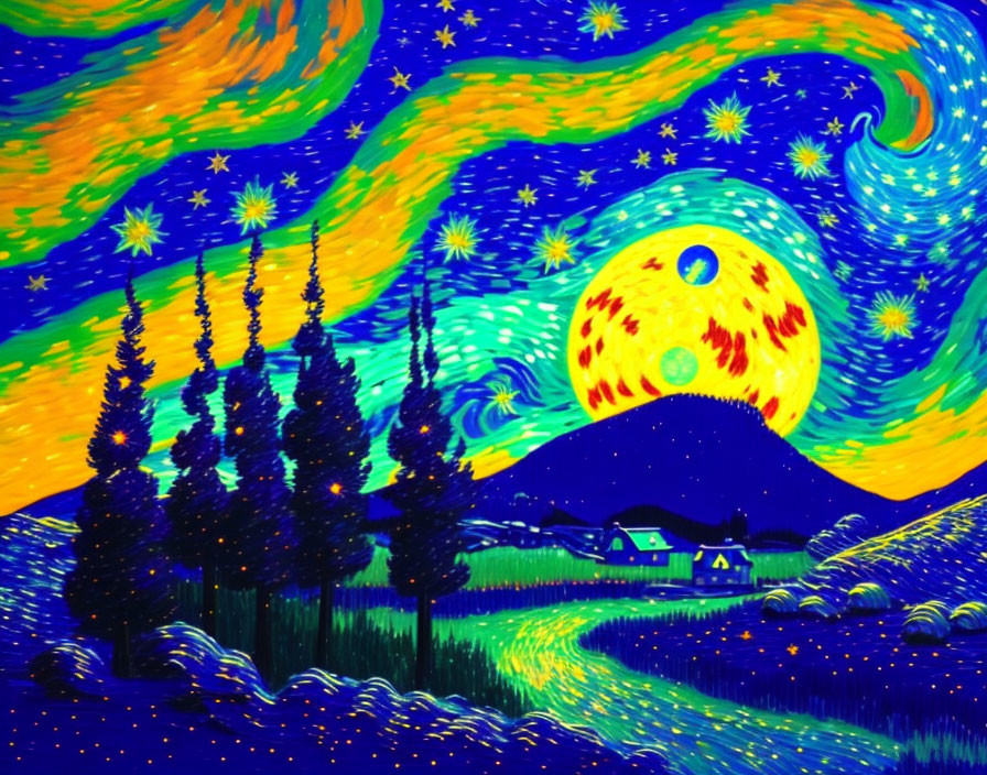 Night Sky Painting with Yellow and Blue Swirls, Stars, Moon, Trees, and House